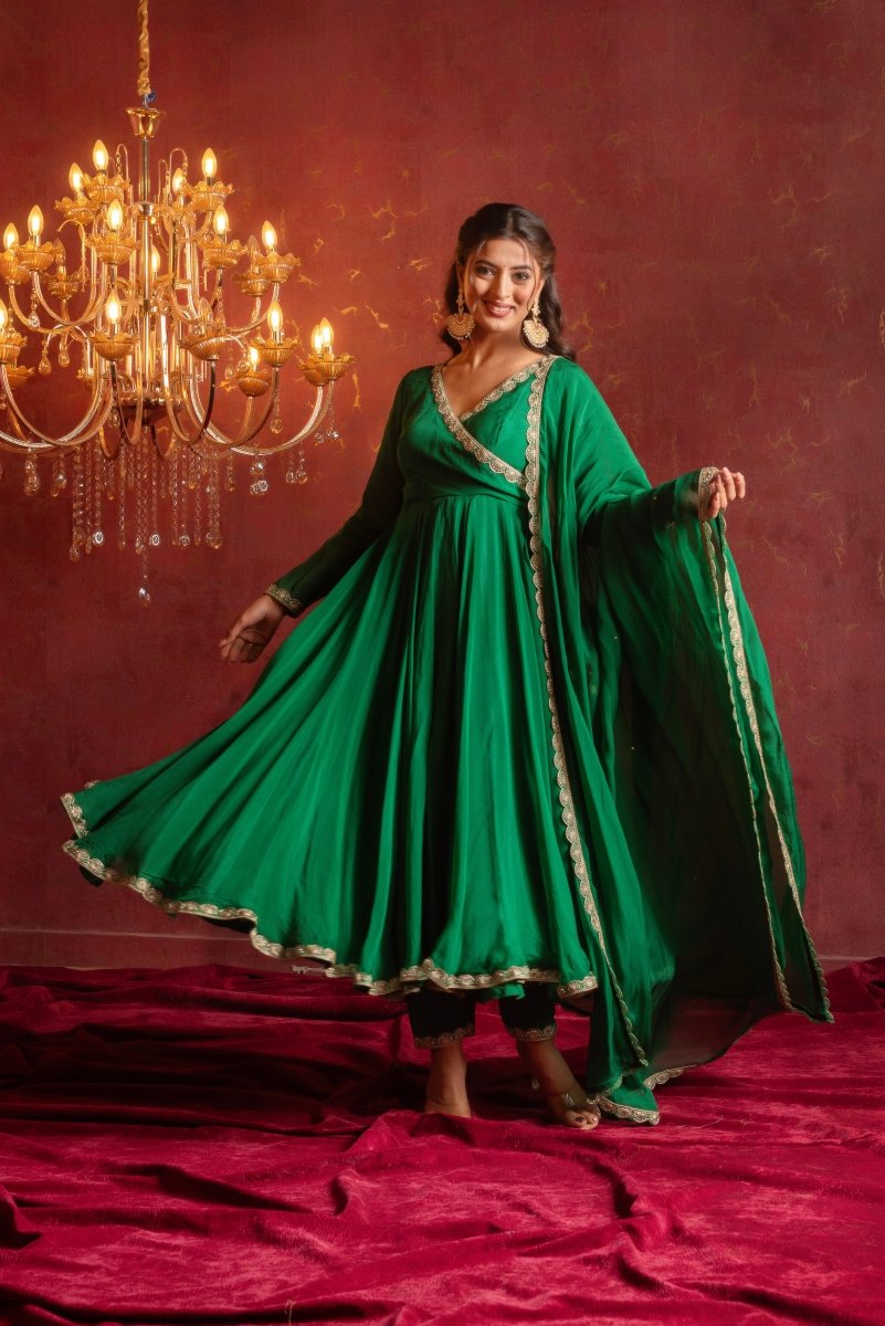 GULFIZAN HARIYALI GREEN ORGANZA ANGRAKHA SET WITH ORGANZA DUPATTA - Pomcha Jaipur