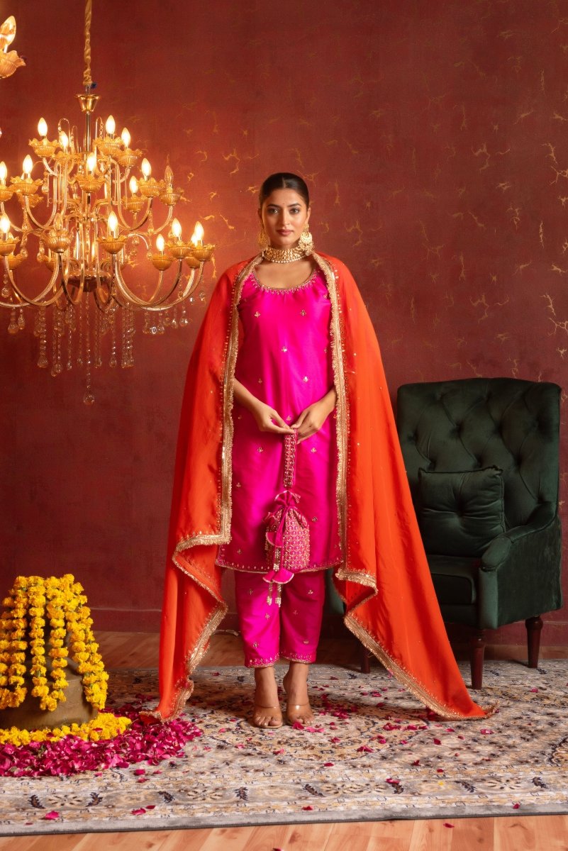 GULFIZAN HOT PINK TAFFETA HANDWORK STRAIGHT SUIT WITH ORANGE ORGANZA DUPATTA - Pomcha Jaipur