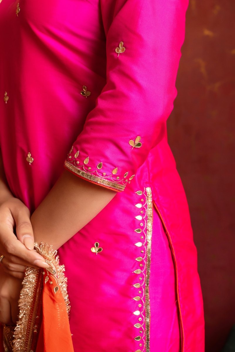 GULFIZAN HOT PINK TAFFETA HANDWORK STRAIGHT SUIT WITH ORANGE ORGANZA DUPATTA - Pomcha Jaipur