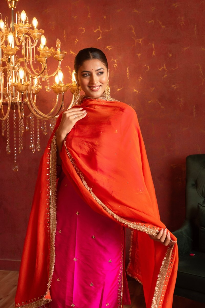 GULFIZAN HOT PINK TAFFETA HANDWORK STRAIGHT SUIT WITH ORANGE ORGANZA DUPATTA - Pomcha Jaipur