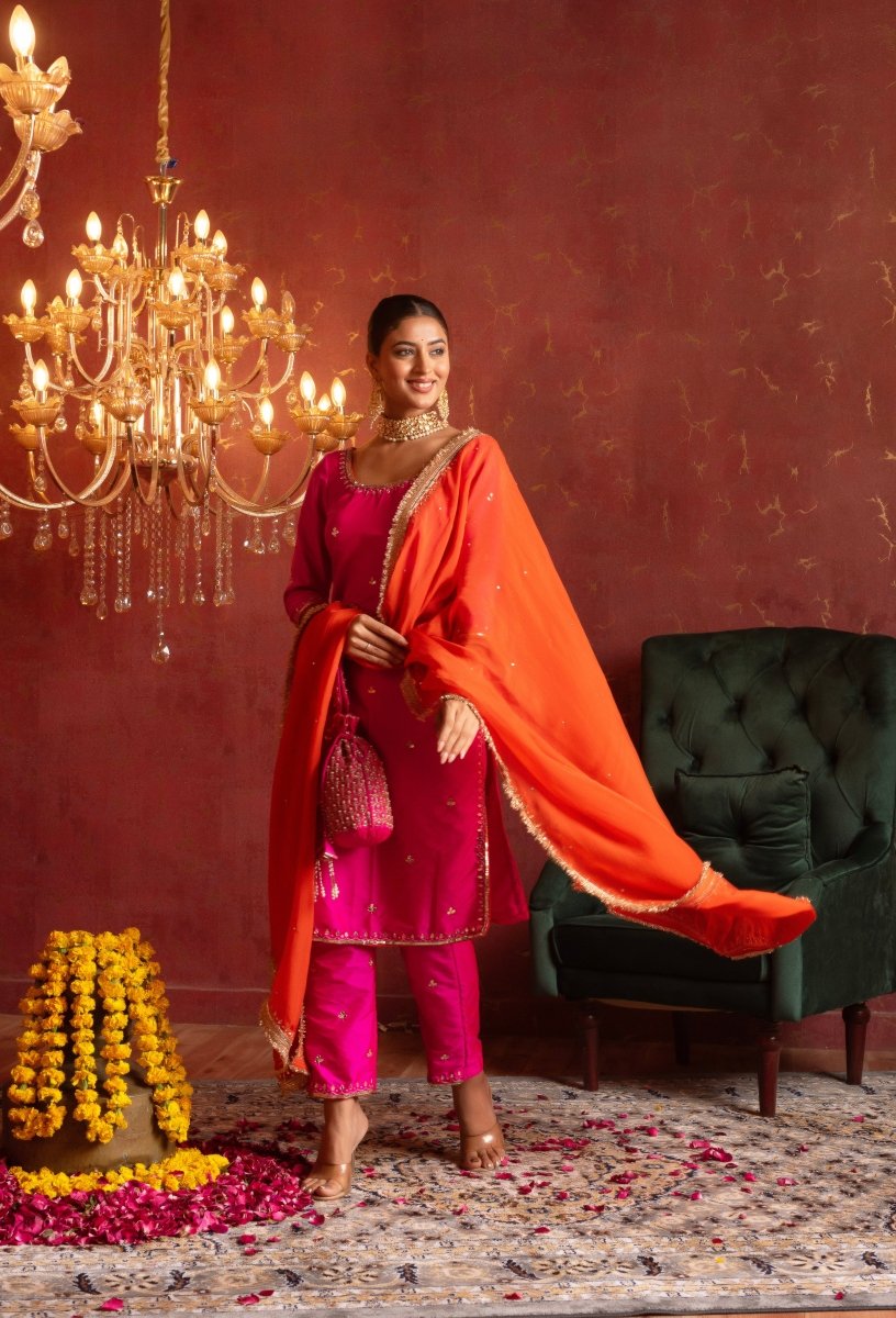 GULFIZAN HOT PINK TAFFETA HANDWORK STRAIGHT SUIT WITH ORANGE ORGANZA DUPATTA - Pomcha Jaipur