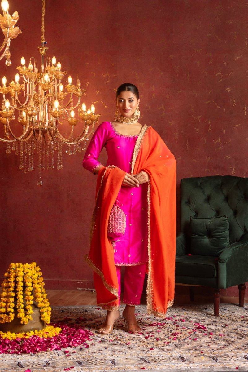 GULFIZAN HOT PINK TAFFETA HANDWORK STRAIGHT SUIT WITH ORANGE ORGANZA DUPATTA - Pomcha Jaipur