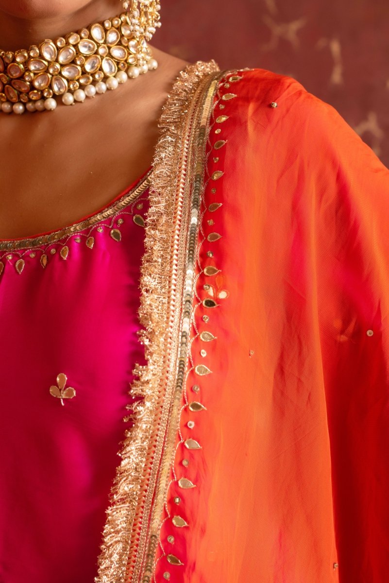 GULFIZAN HOT PINK TAFFETA HANDWORK STRAIGHT SUIT WITH ORANGE ORGANZA DUPATTA - Pomcha Jaipur