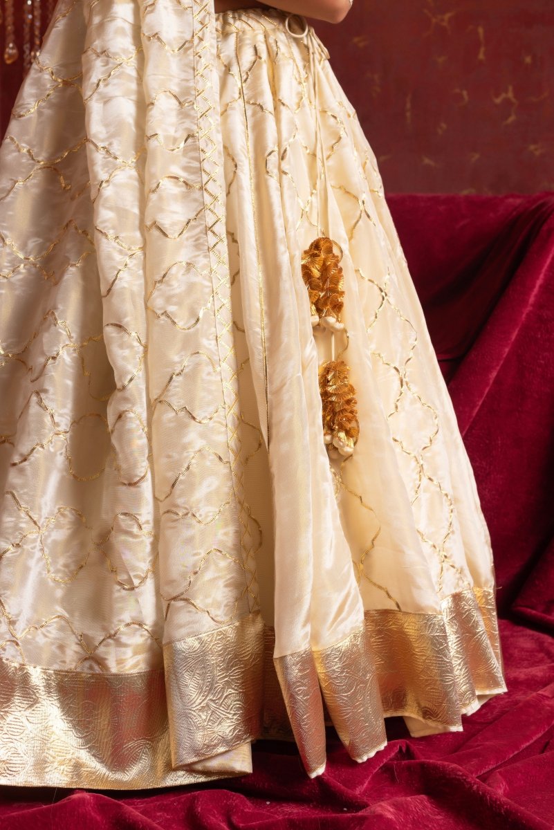 GULFIZAN IVORY COSMO SILK GOTA-PATTI LEHENGA SET WITH COSMO SILK DUPATTA - Pomcha Jaipur