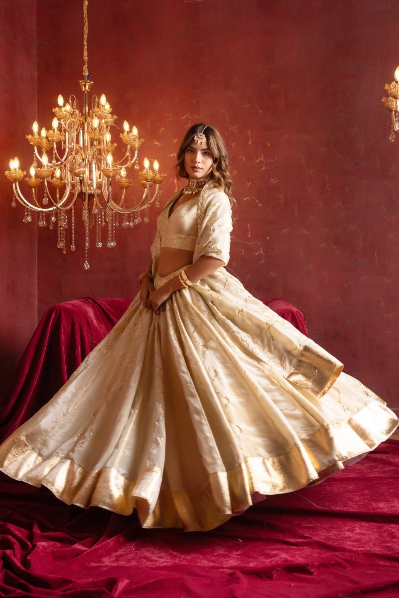 GULFIZAN IVORY COSMO SILK GOTA-PATTI LEHENGA SET WITH COSMO SILK DUPATTA - Pomcha Jaipur