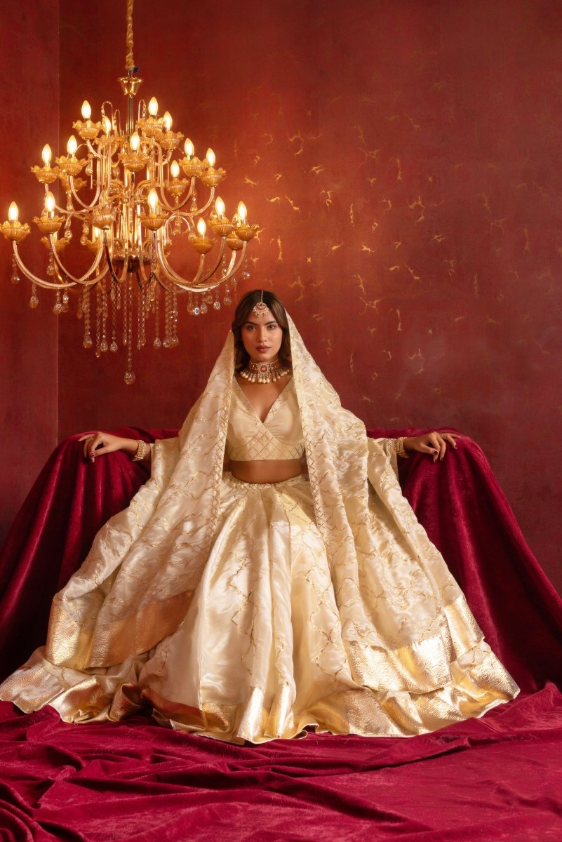 GULFIZAN IVORY COSMO SILK GOTA-PATTI LEHENGA SET WITH COSMO SILK DUPATTA - Pomcha Jaipur