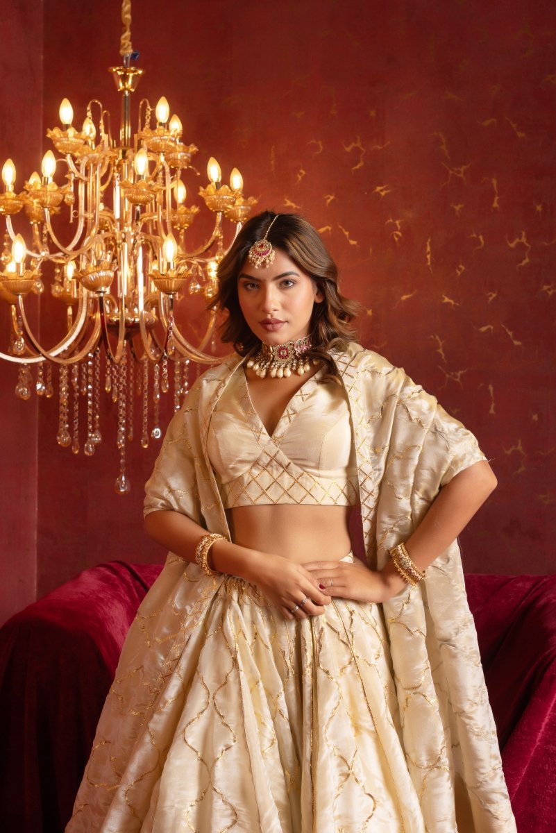 GULFIZAN IVORY COSMO SILK GOTA-PATTI LEHENGA SET WITH COSMO SILK DUPATTA - Pomcha Jaipur