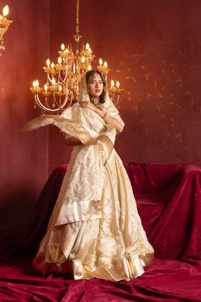 GULFIZAN IVORY COSMO SILK GOTA-PATTI LEHENGA SET WITH COSMO SILK DUPATTA - Pomcha Jaipur