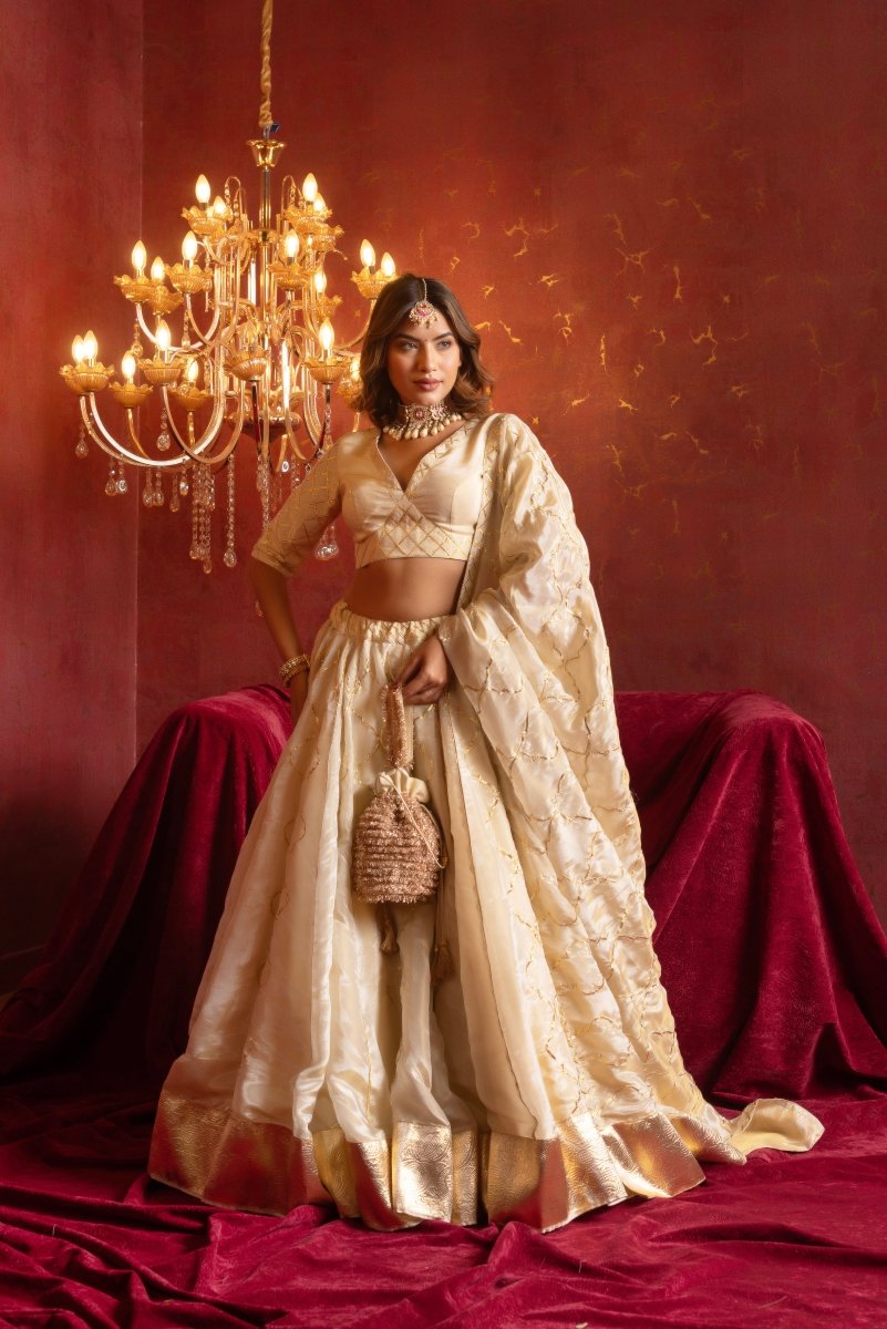 GULFIZAN IVORY COSMO SILK GOTA-PATTI LEHENGA SET WITH COSMO SILK DUPATTA - Pomcha Jaipur