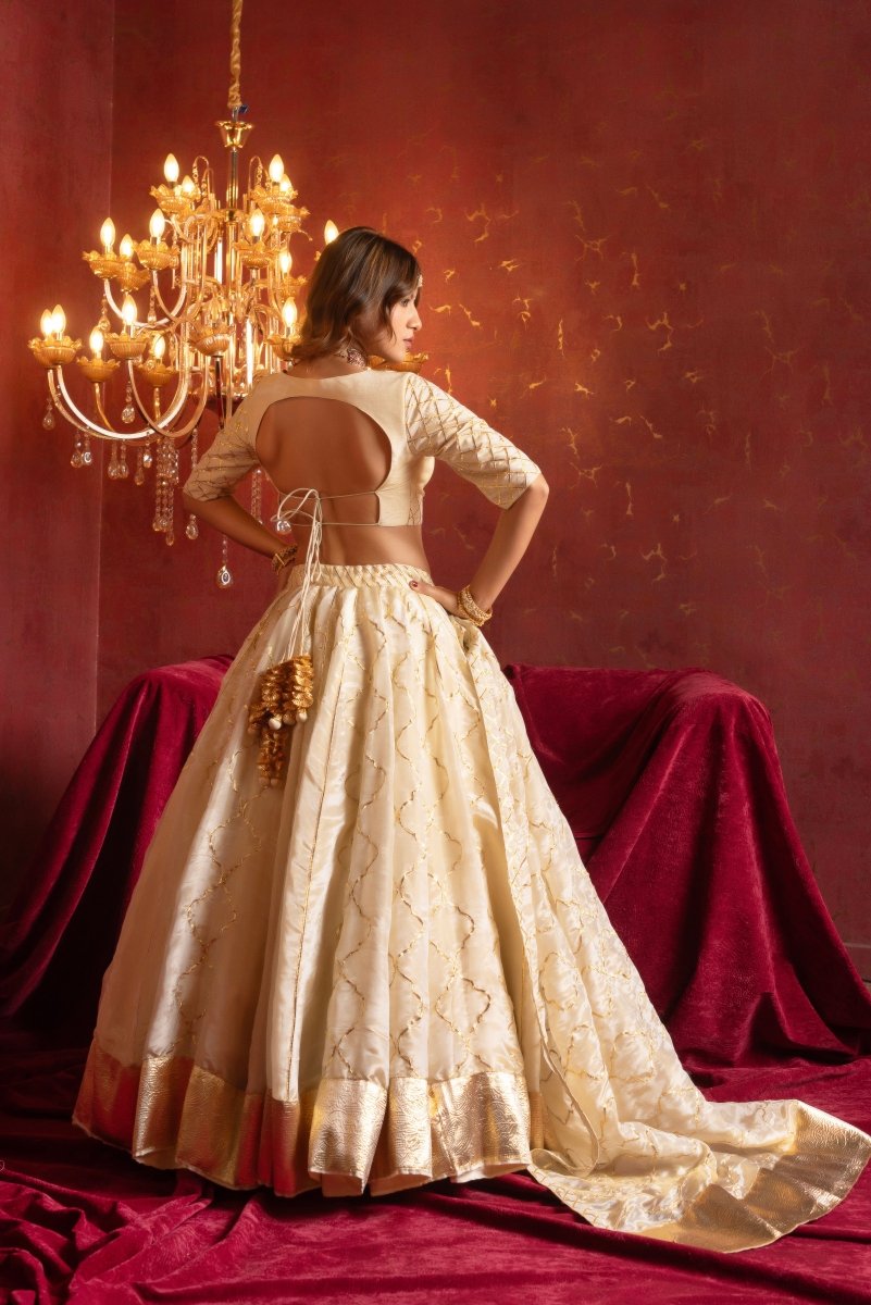 GULFIZAN IVORY COSMO SILK GOTA-PATTI LEHENGA SET WITH COSMO SILK DUPATTA - Pomcha Jaipur