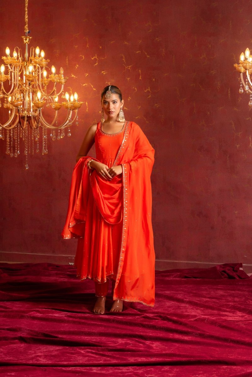 GULFIZAN KESARIYA ORANGE ORGANZA TAARI SEQUIN HANDWORK ANARKALI SUIT SET WITH ORGANZA HAND-WORK DUPATTA - Pomcha Jaipur