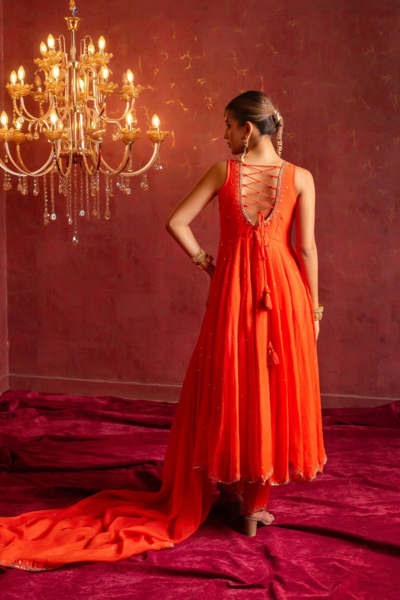 GULFIZAN KESARIYA ORANGE ORGANZA TAARI SEQUIN HANDWORK ANARKALI SUIT SET WITH ORGANZA HAND-WORK DUPATTA - Pomcha Jaipur