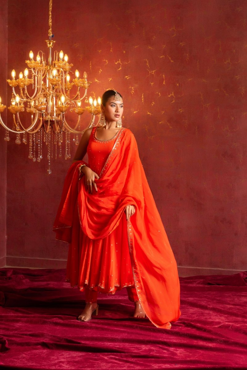 GULFIZAN KESARIYA ORANGE ORGANZA TAARI SEQUIN HANDWORK ANARKALI SUIT SET WITH ORGANZA HAND-WORK DUPATTA - Pomcha Jaipur