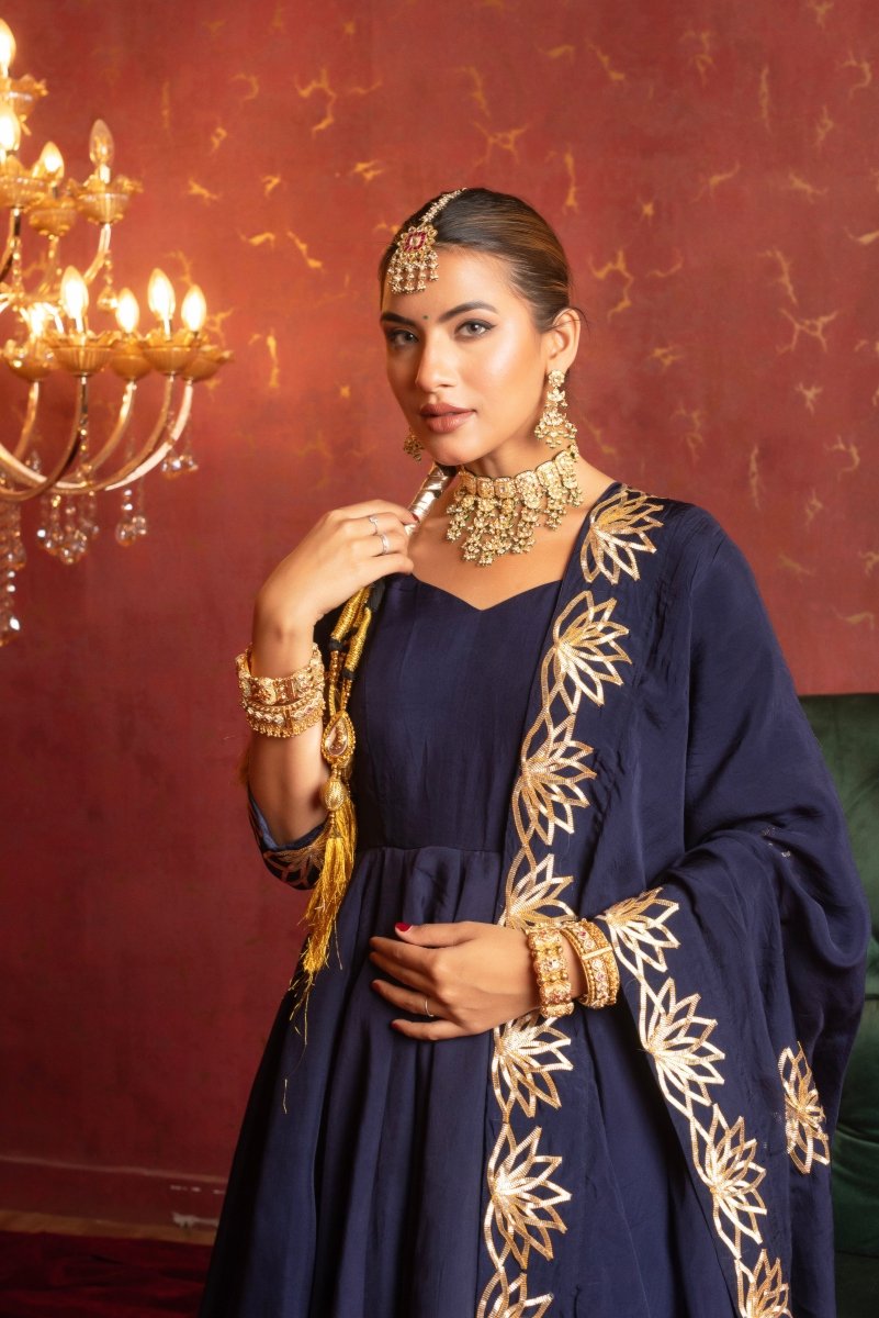 GULFIZAN ORGANZA ROYAL BLUE GOTA PHOOL HANDWORK ANARKALI SET WITH ORGANZA DUPATTA - Pomcha Jaipur