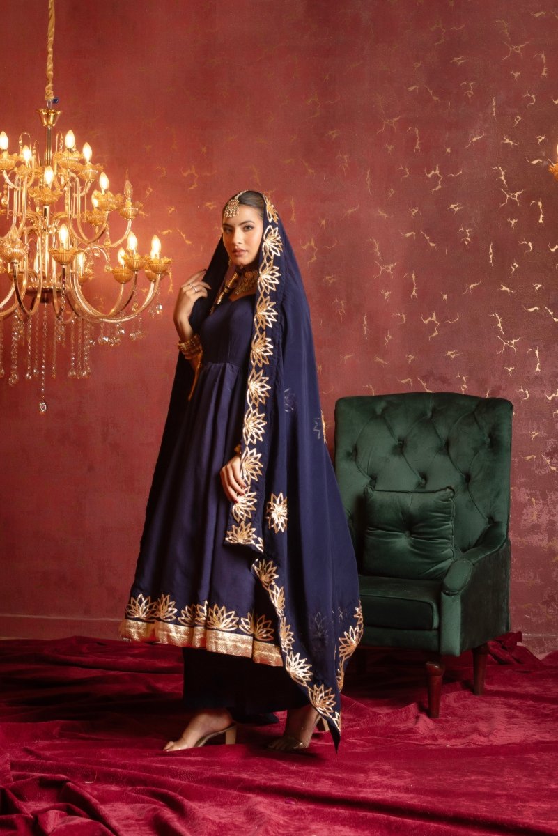 GULFIZAN ORGANZA ROYAL BLUE GOTA PHOOL HANDWORK ANARKALI SET WITH ORGANZA DUPATTA - Pomcha Jaipur
