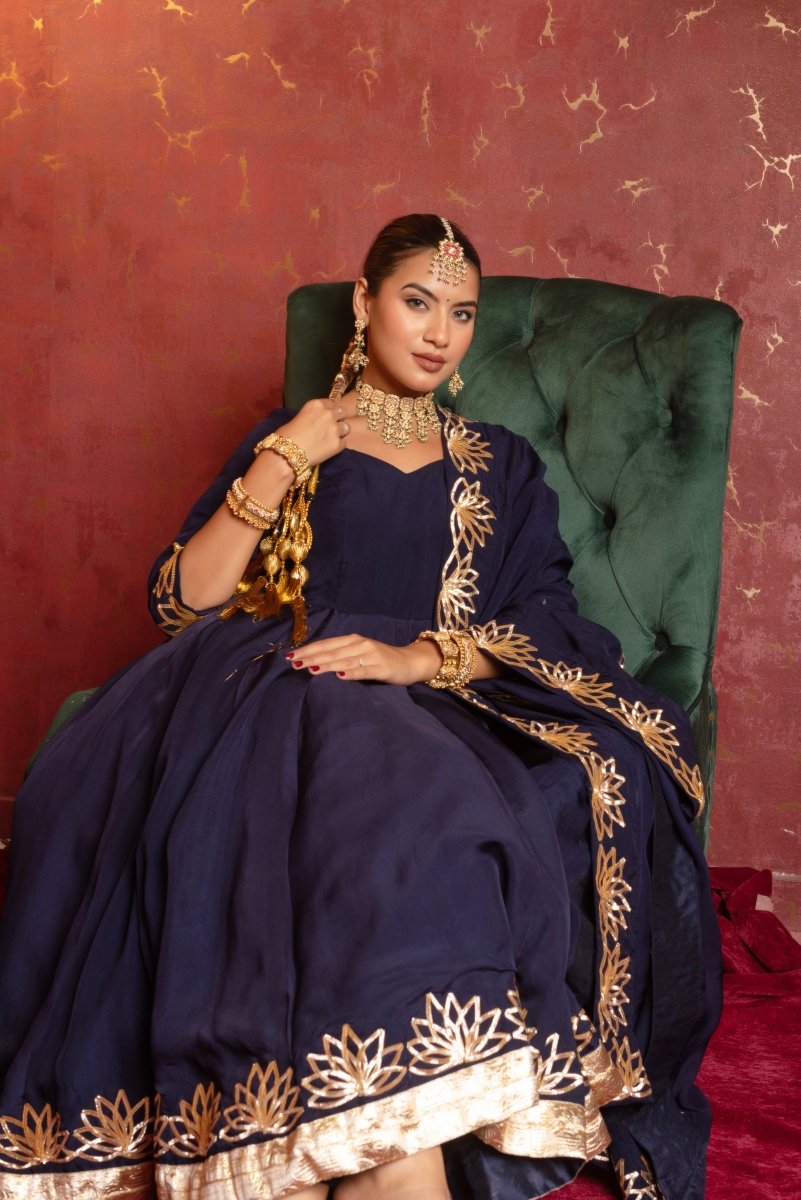 GULFIZAN ORGANZA ROYAL BLUE GOTA PHOOL HANDWORK ANARKALI SET WITH ORGANZA DUPATTA - Pomcha Jaipur