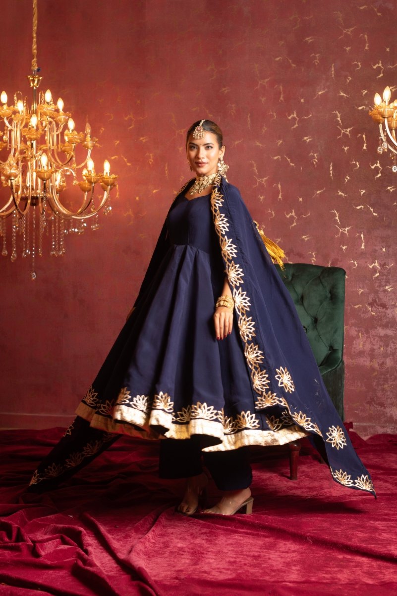 GULFIZAN ORGANZA ROYAL BLUE GOTA PHOOL HANDWORK ANARKALI SET WITH ORGANZA DUPATTA - Pomcha Jaipur