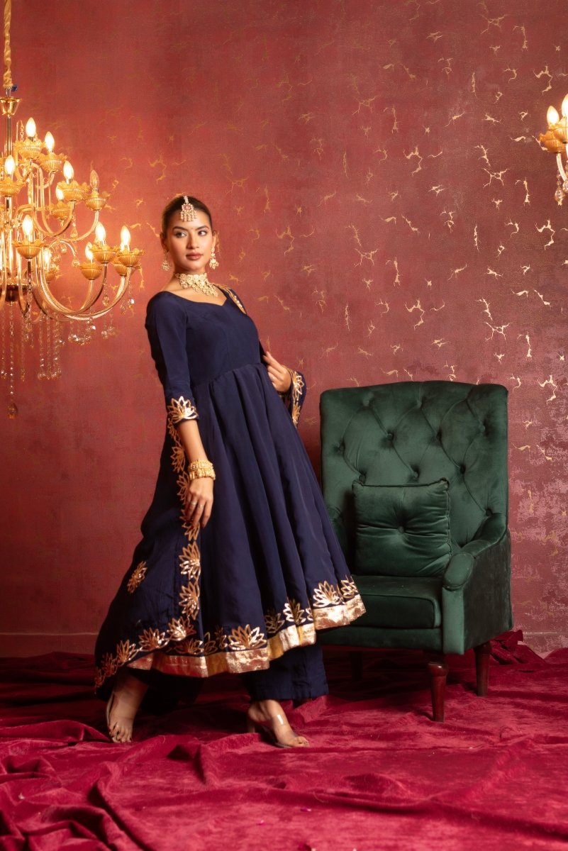 GULFIZAN ORGANZA ROYAL BLUE GOTA PHOOL HANDWORK ANARKALI SET WITH ORGANZA DUPATTA - Pomcha Jaipur