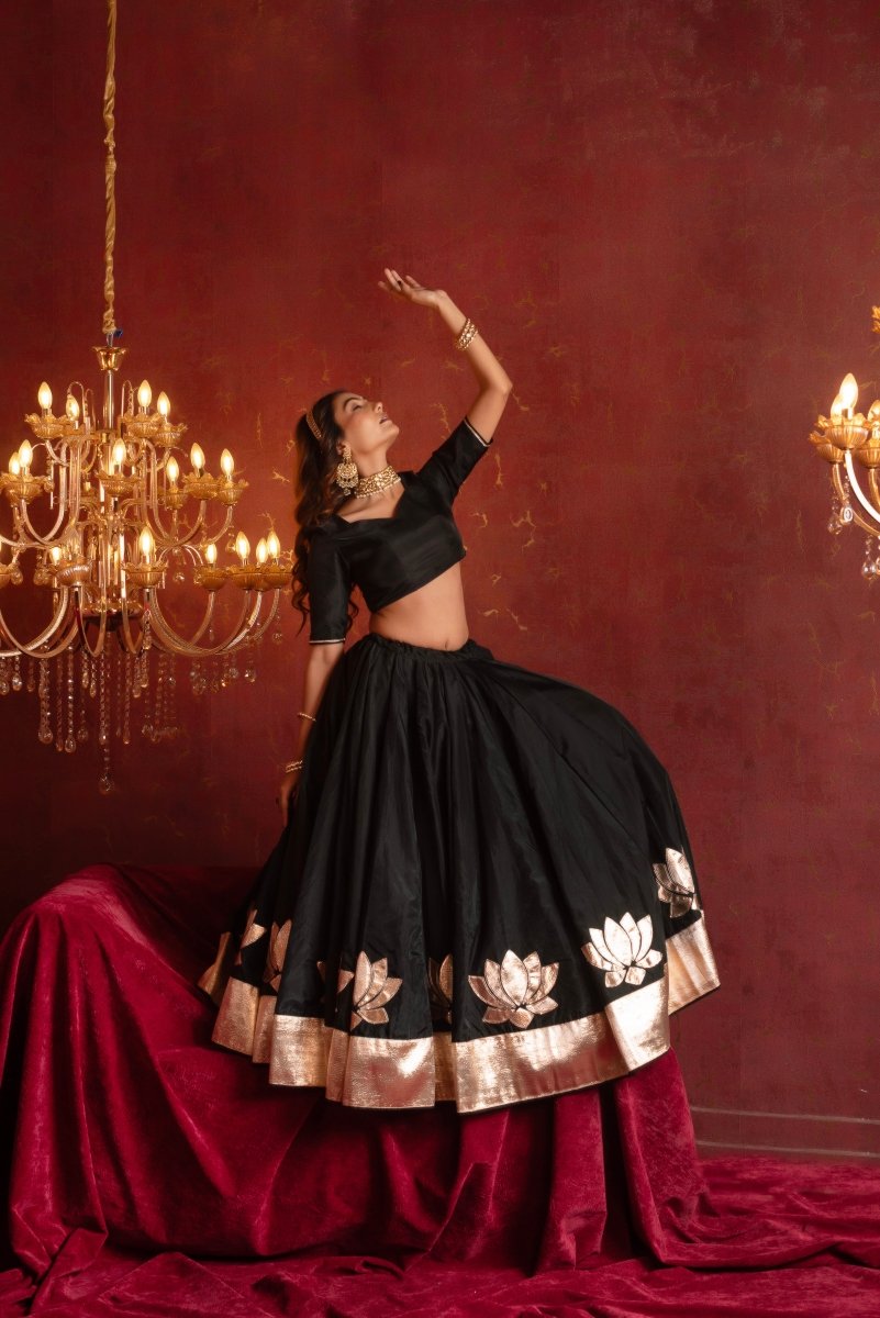 GULFIZAN PATAKA BLACK KAMAL GOTA PATTI ORGANZA LEHENGA SETS WITH ORGANZA DUPATTA - Pomcha Jaipur