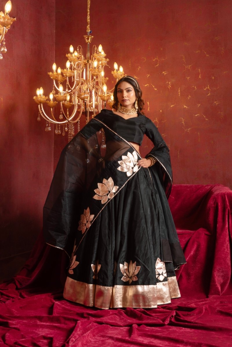 GULFIZAN PATAKA BLACK KAMAL GOTA PATTI ORGANZA LEHENGA SETS WITH ORGANZA DUPATTA - Pomcha Jaipur