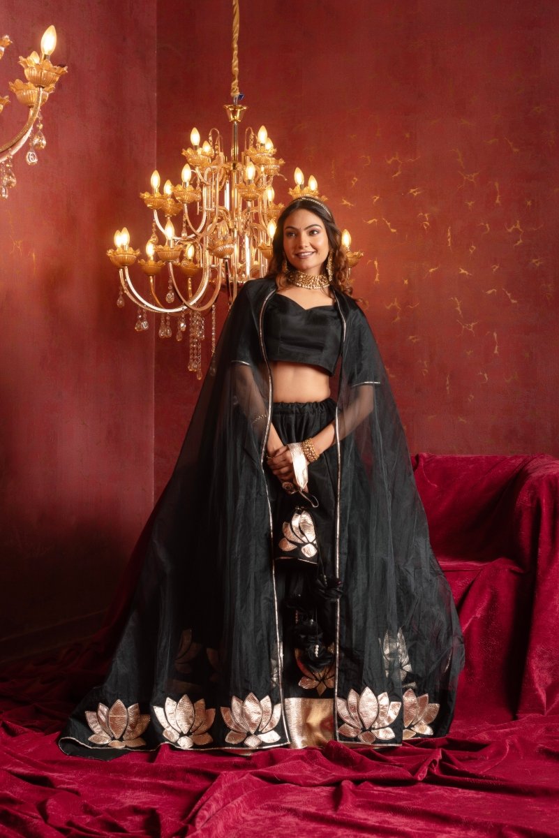 GULFIZAN PATAKA BLACK KAMAL GOTA PATTI ORGANZA LEHENGA SETS WITH ORGANZA DUPATTA - Pomcha Jaipur