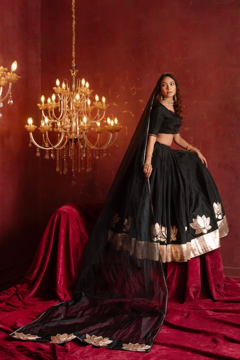 GULFIZAN PATAKA BLACK KAMAL GOTA PATTI ORGANZA LEHENGA SETS WITH ORGANZA DUPATTA - Pomcha Jaipur