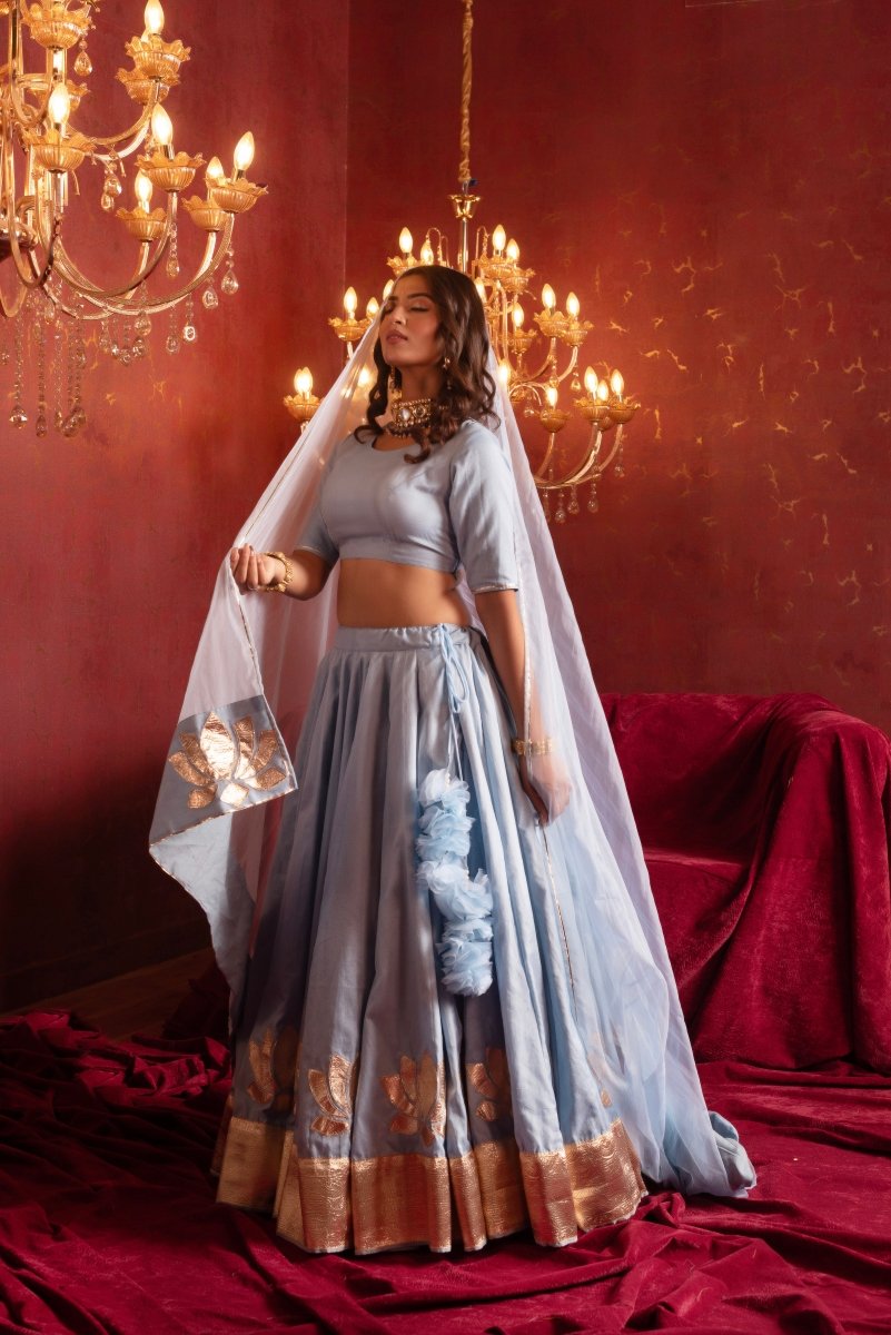 GULFIZAN POWDER BLUE GOTA PATTI PHOOL ORGANZA LEHENGA WITH ORGANZA DUPATTA - Pomcha Jaipur