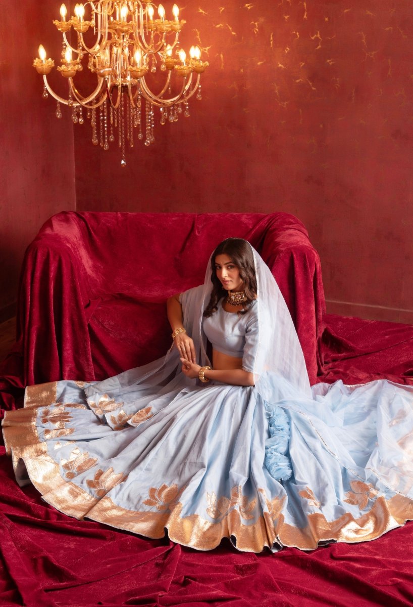 GULFIZAN POWDER BLUE GOTA PATTI PHOOL ORGANZA LEHENGA WITH ORGANZA DUPATTA - Pomcha Jaipur