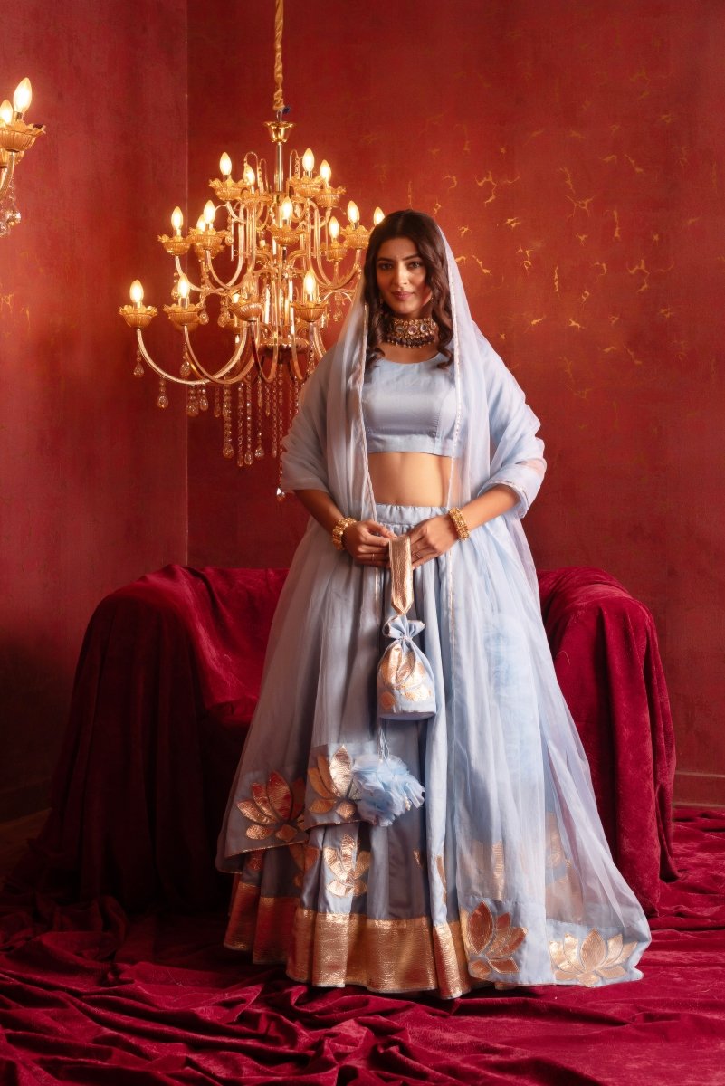 GULFIZAN POWDER BLUE GOTA PATTI PHOOL ORGANZA LEHENGA WITH ORGANZA DUPATTA - Pomcha Jaipur