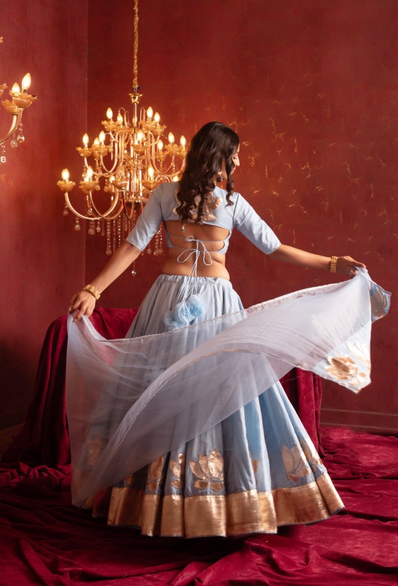 GULFIZAN POWDER BLUE GOTA PATTI PHOOL ORGANZA LEHENGA WITH ORGANZA DUPATTA - Pomcha Jaipur