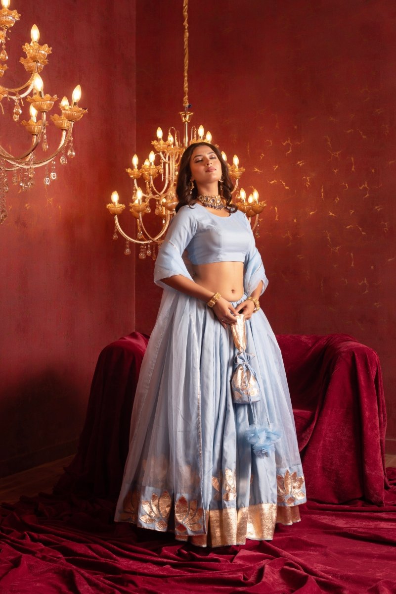 GULFIZAN POWDER BLUE GOTA PATTI PHOOL ORGANZA LEHENGA WITH ORGANZA DUPATTA - Pomcha Jaipur