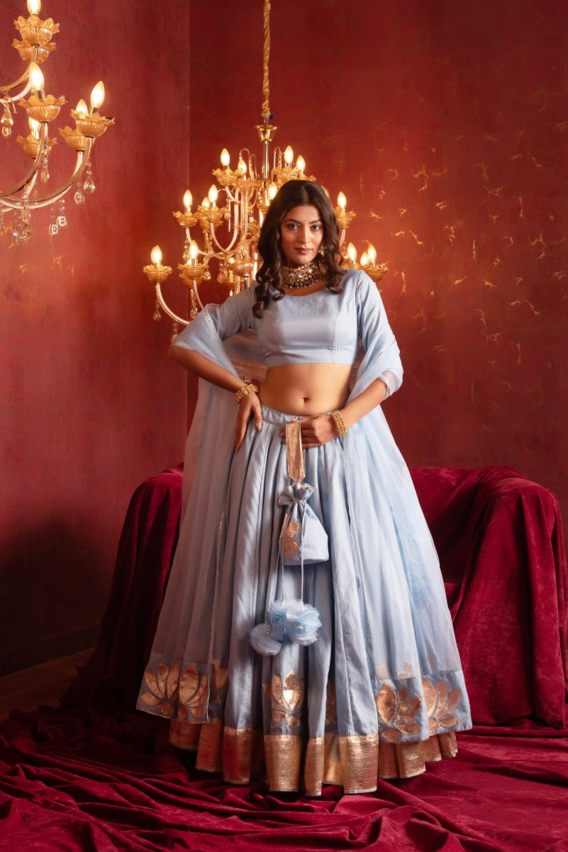 GULFIZAN POWDER BLUE GOTA PATTI PHOOL ORGANZA LEHENGA WITH ORGANZA DUPATTA - Pomcha Jaipur