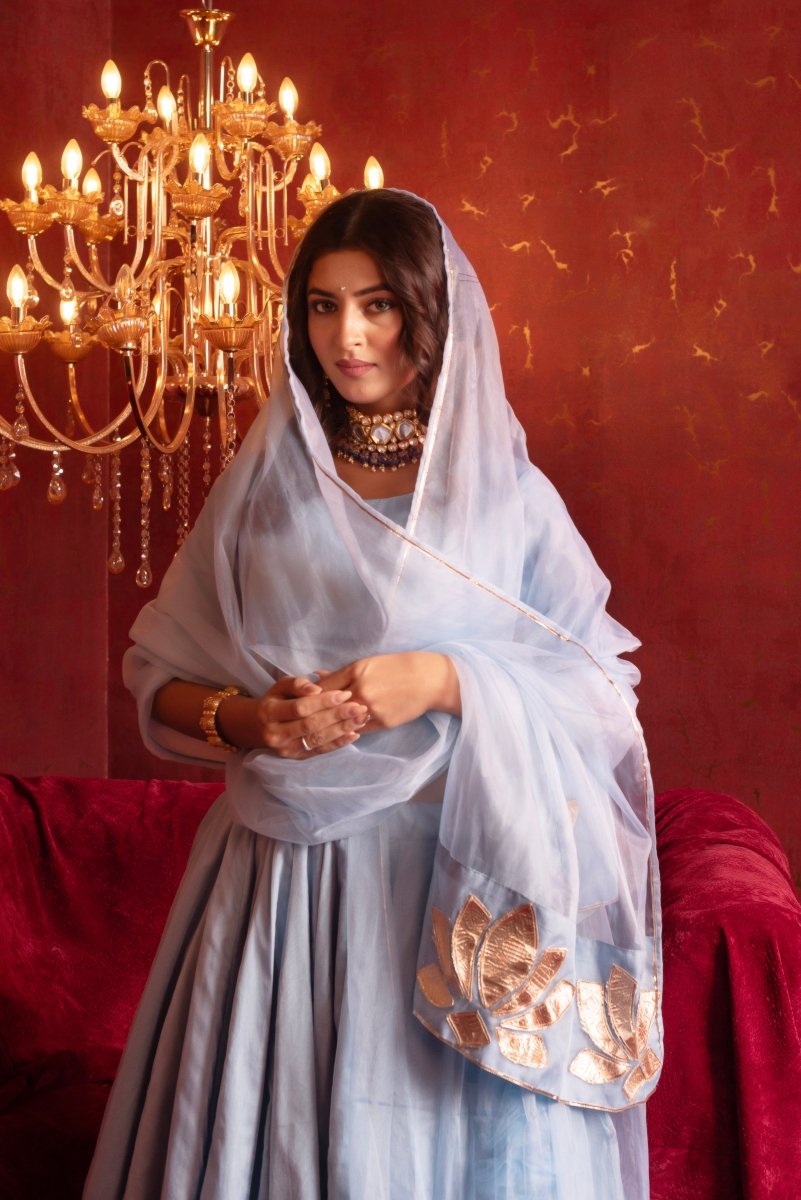 GULFIZAN POWDER BLUE GOTA PATTI PHOOL ORGANZA LEHENGA WITH ORGANZA DUPATTA - Pomcha Jaipur