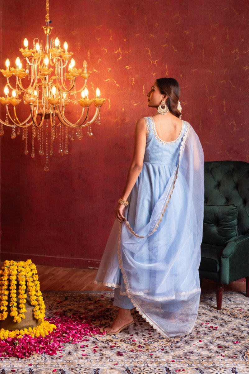 GULFIZAN POWDER BLUE ORGANZA GOTA LACE ANARKALI SUIT SET WITH ORGANZA DUPATTA - Pomcha Jaipur