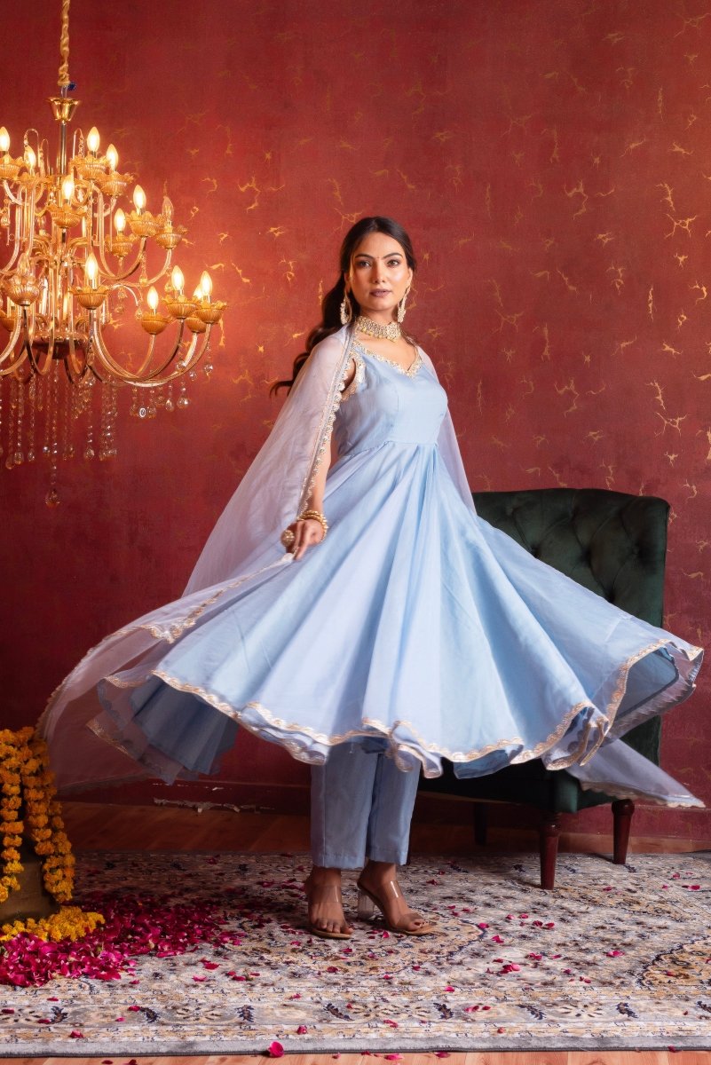 GULFIZAN POWDER BLUE ORGANZA GOTA LACE ANARKALI SUIT SET WITH ORGANZA DUPATTA - Pomcha Jaipur