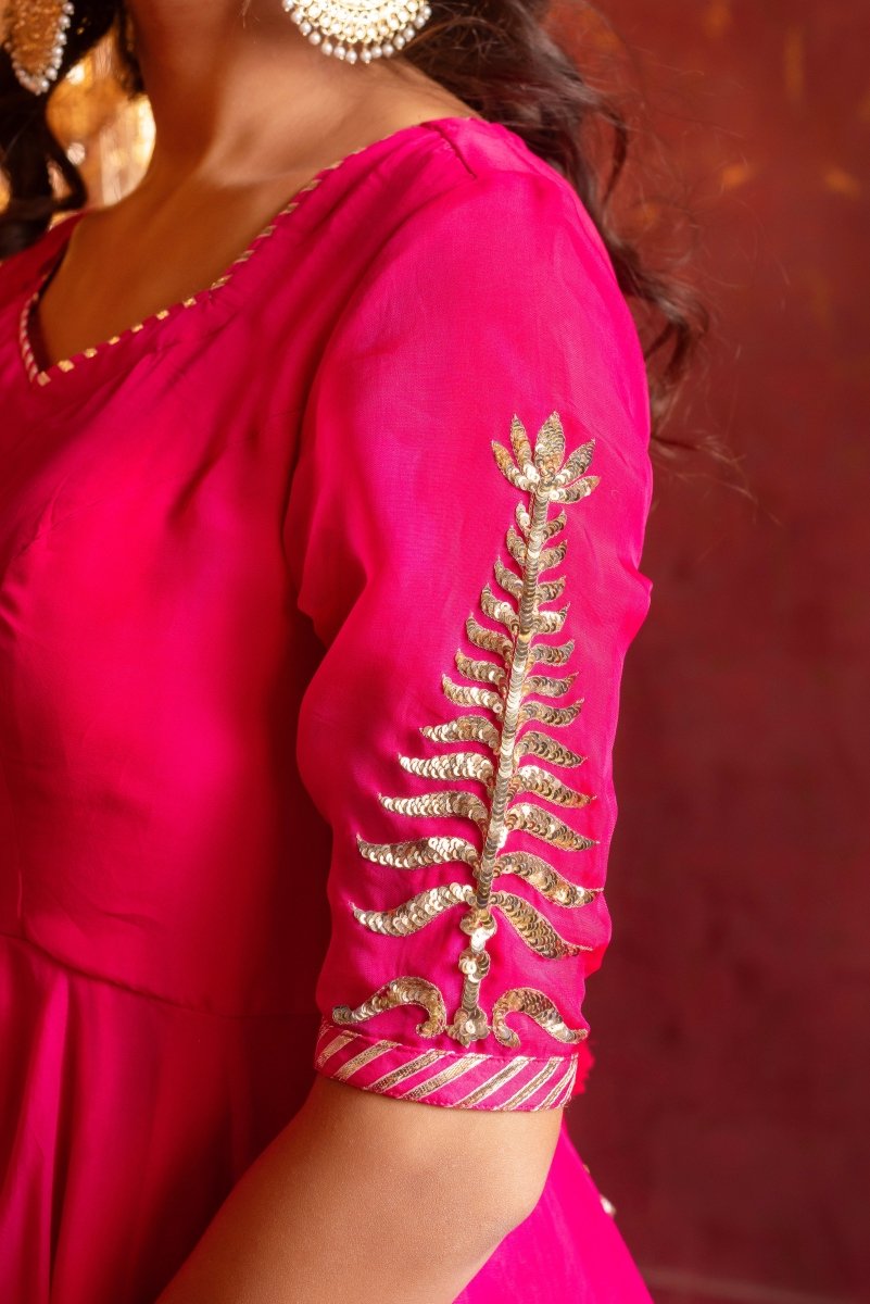 GULFIZAN RANI PINK PATAKA HAND-WORK ORGANZA ANARKALI SUIT SET WITH ORGANZA DUPATTA - Pomcha Jaipur