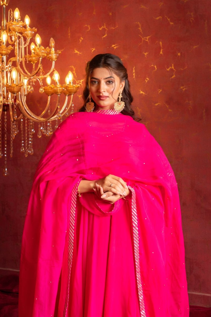 GULFIZAN RANI PINK PATAKA HAND-WORK ORGANZA ANARKALI SUIT SET WITH ORGANZA DUPATTA - Pomcha Jaipur
