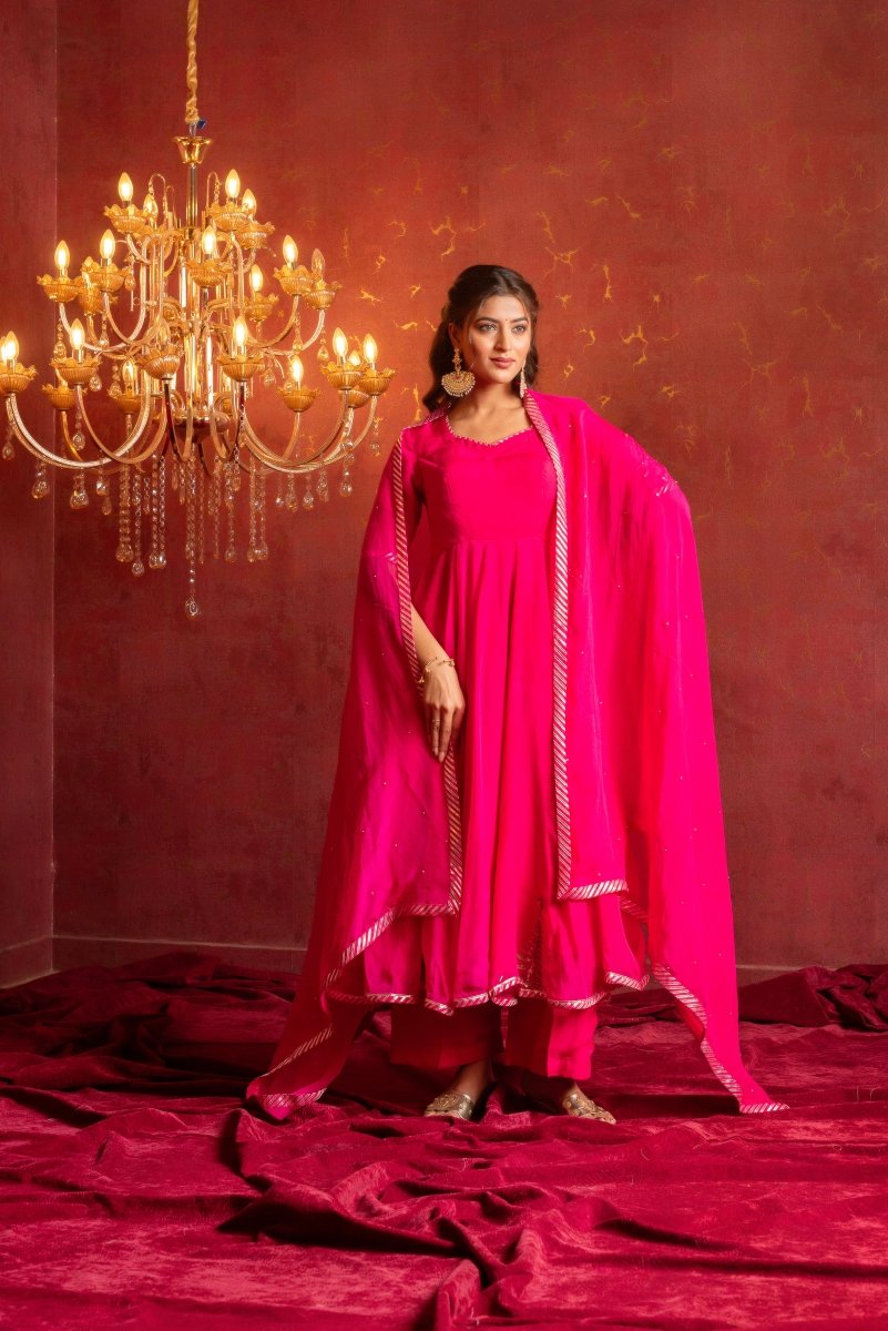 GULFIZAN RANI PINK PATAKA HAND-WORK ORGANZA ANARKALI SUIT SET WITH ORGANZA DUPATTA - Pomcha Jaipur
