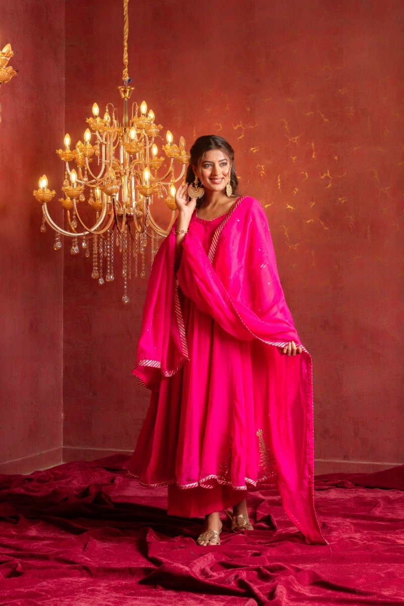 GULFIZAN RANI PINK PATAKA HAND-WORK ORGANZA ANARKALI SUIT SET WITH ORGANZA DUPATTA - Pomcha Jaipur