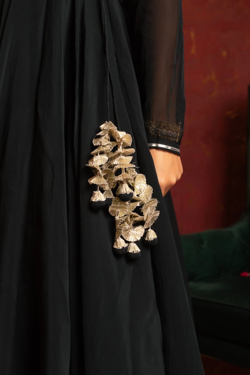GULFIZAN SHAHI BLACK ORGANZA ANGRAKHA SET WITH GOTA PATTI ORGANZA DUPATTA - Pomcha Jaipur
