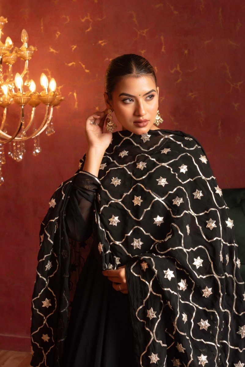 GULFIZAN SHAHI BLACK ORGANZA ANGRAKHA SET WITH GOTA PATTI ORGANZA DUPATTA - Pomcha Jaipur