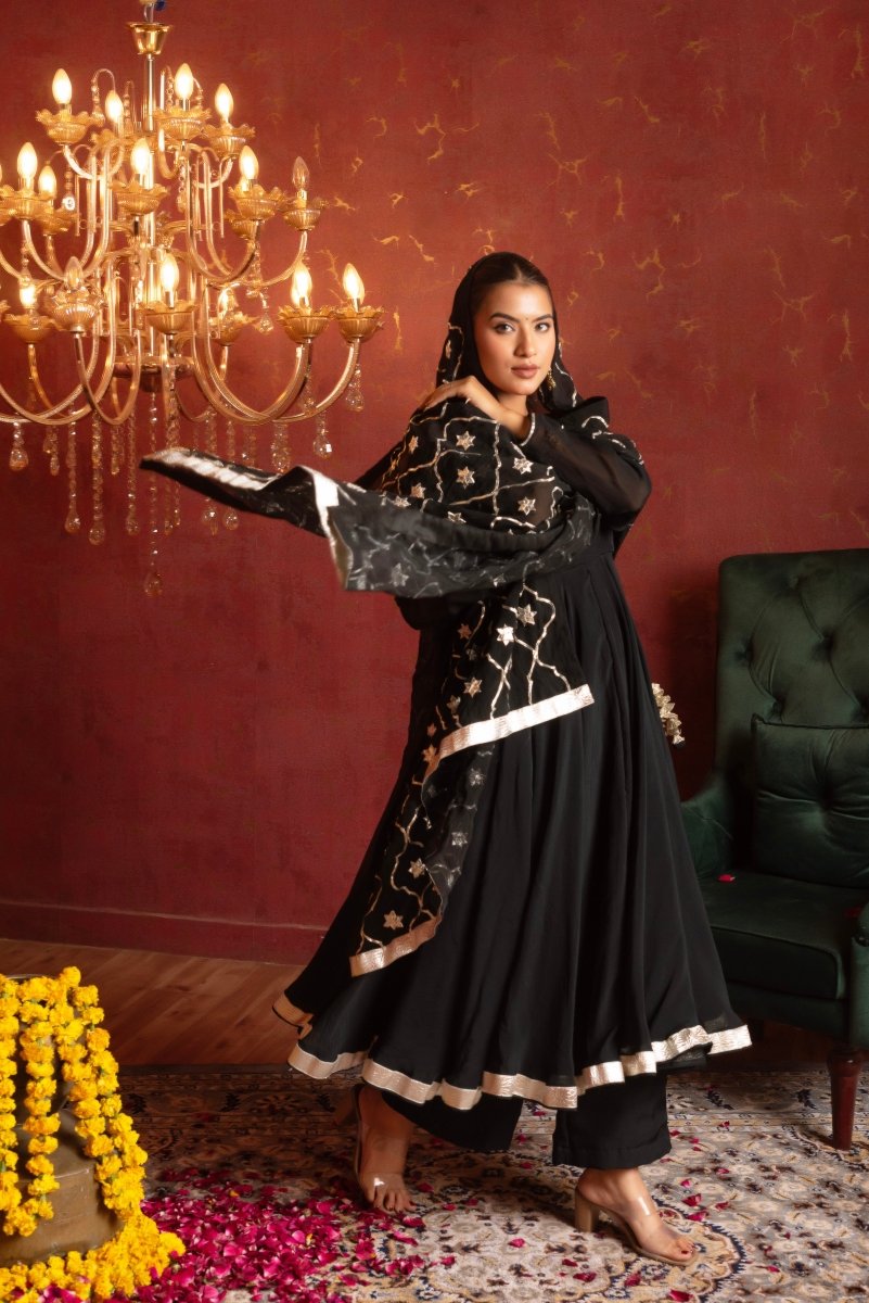 GULFIZAN SHAHI BLACK ORGANZA ANGRAKHA SET WITH GOTA PATTI ORGANZA DUPATTA - Pomcha Jaipur