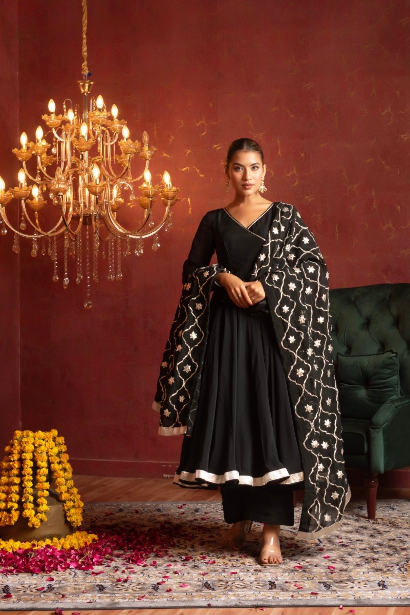 GULFIZAN SHAHI BLACK ORGANZA ANGRAKHA SET WITH GOTA PATTI ORGANZA DUPATTA - Pomcha Jaipur