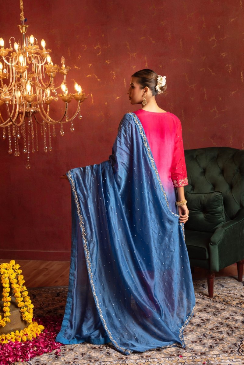 GULFIZAN SILK TWO TONE ZARDOZI AND AARI TARI HAND WORK STRAIGHT SUIT SET WITH SILK DUPATTA - Pomcha Jaipur