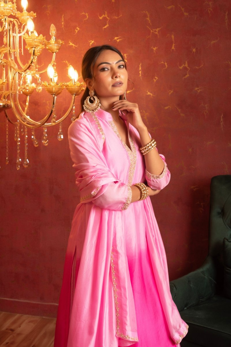 GULFIZAN SILK TWO TONE ZARDOZI HAND WORK PINK STRAIGHT SUIT SET WITH SILK DUPATTA - Pomcha Jaipur