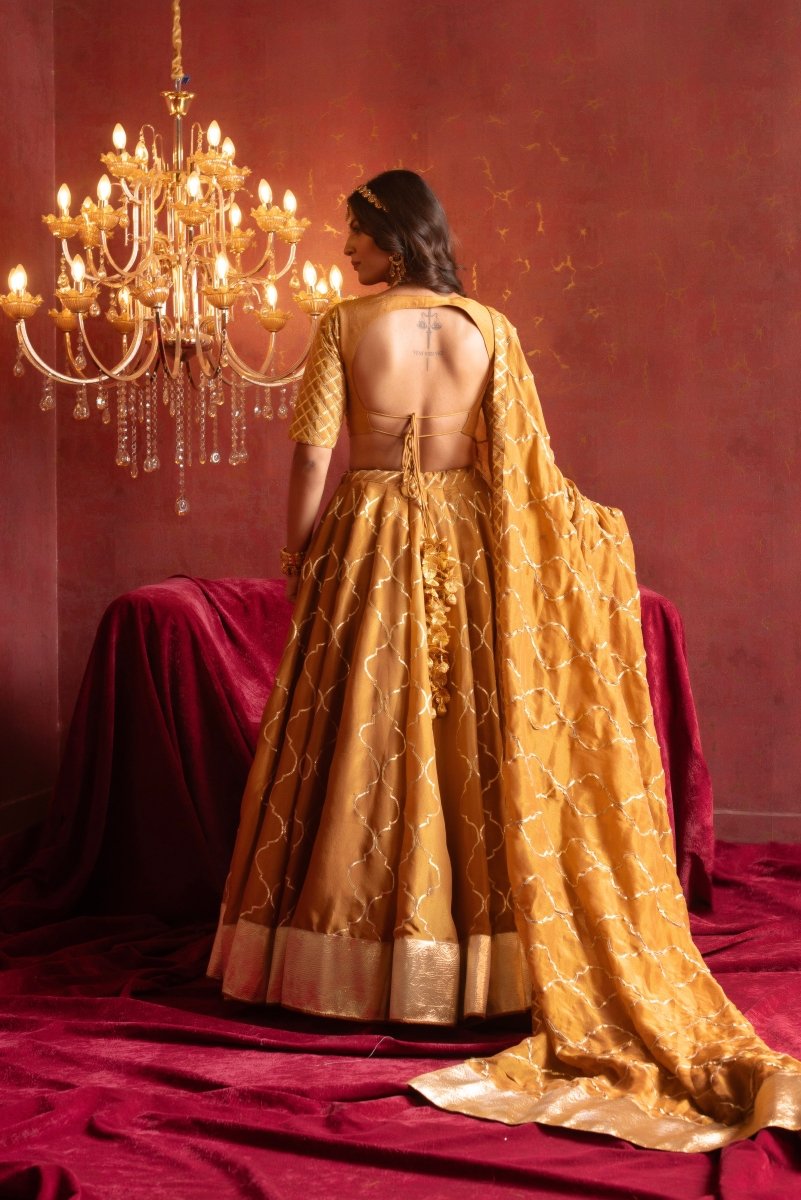 GULFIZAN SONA GHERA BROWN COSMO SILK GOTA PATTI LEHENGA SETS WITH COSMO SILK DUPATTA - Pomcha Jaipur