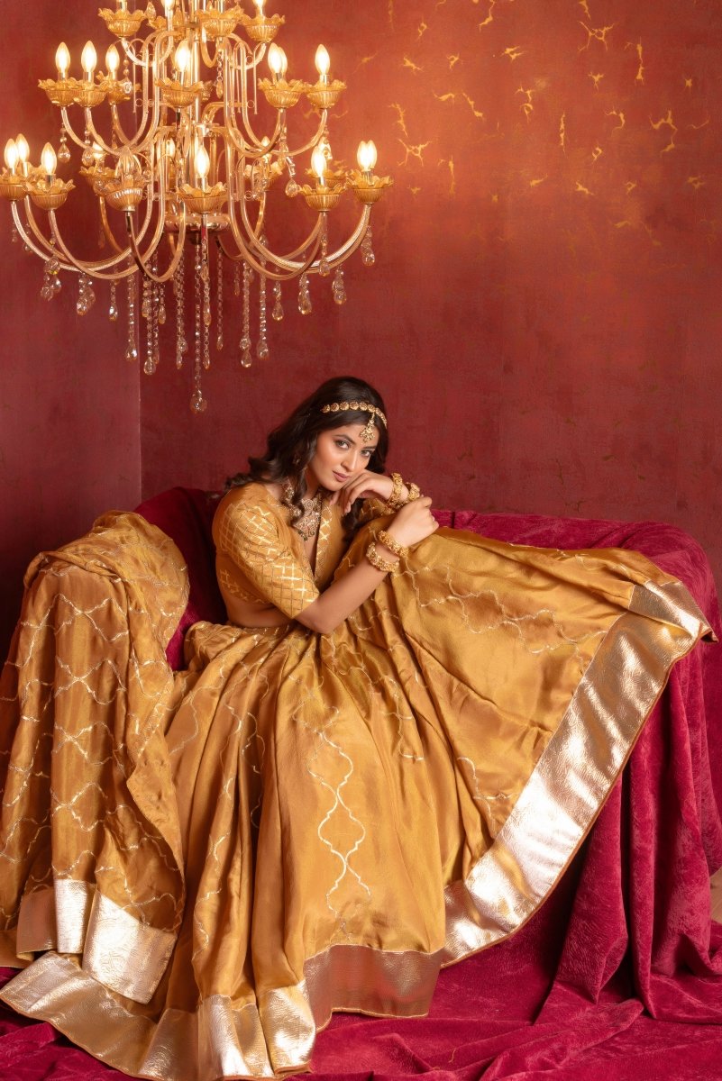 GULFIZAN SONA GHERA BROWN COSMO SILK GOTA PATTI LEHENGA SETS WITH COSMO SILK DUPATTA - Pomcha Jaipur