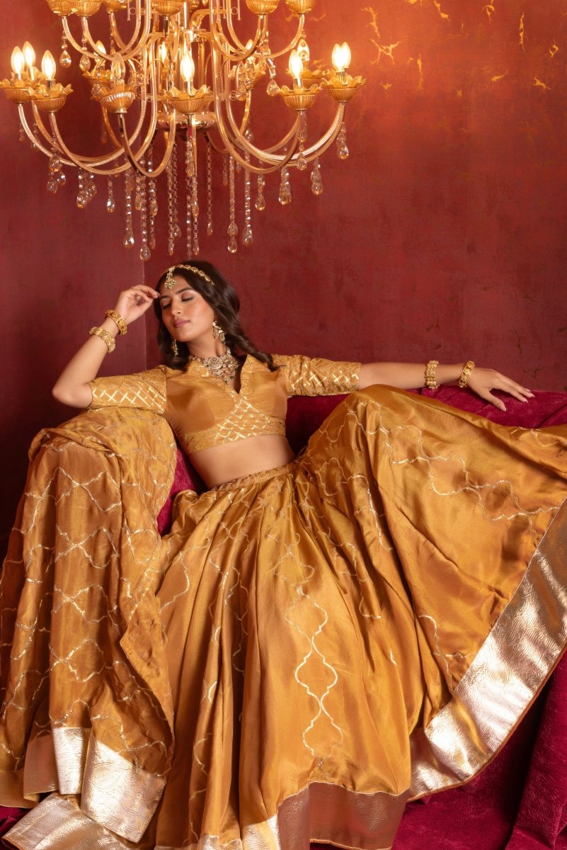 GULFIZAN SONA GHERA BROWN COSMO SILK GOTA PATTI LEHENGA SETS WITH COSMO SILK DUPATTA - Pomcha Jaipur