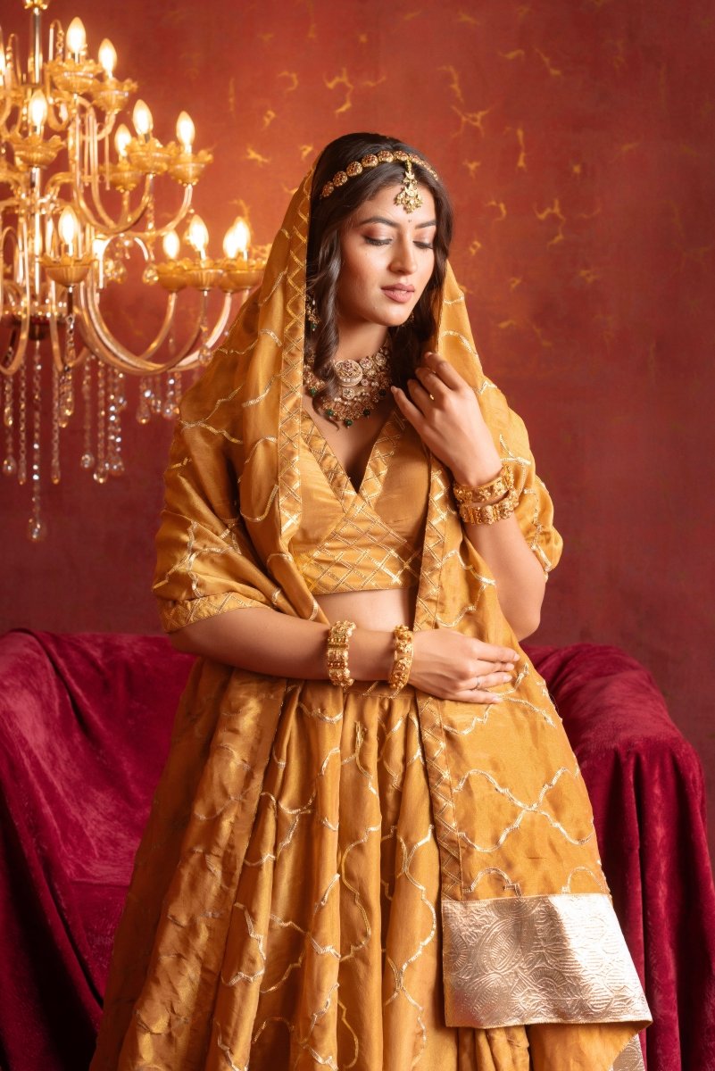 GULFIZAN SONA GHERA BROWN COSMO SILK GOTA PATTI LEHENGA SETS WITH COSMO SILK DUPATTA - Pomcha Jaipur