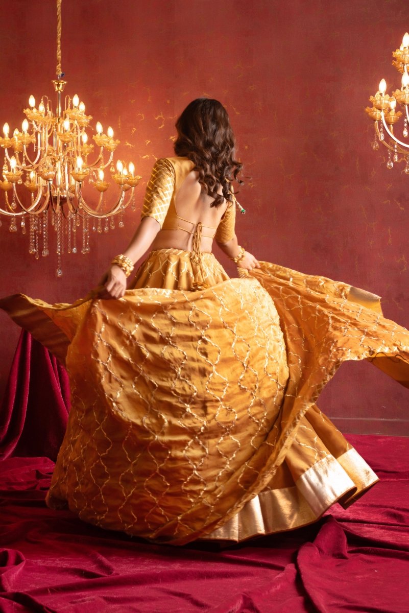 GULFIZAN SONA GHERA BROWN COSMO SILK GOTA PATTI LEHENGA SETS WITH COSMO SILK DUPATTA - Pomcha Jaipur